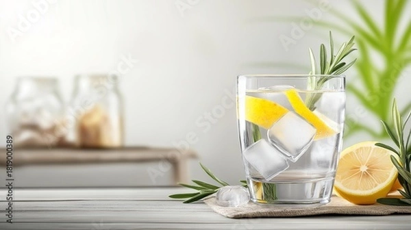 Fototapeta A glass of sparkling water with ice cubes and lemon slices, placed on a light wooden surface
