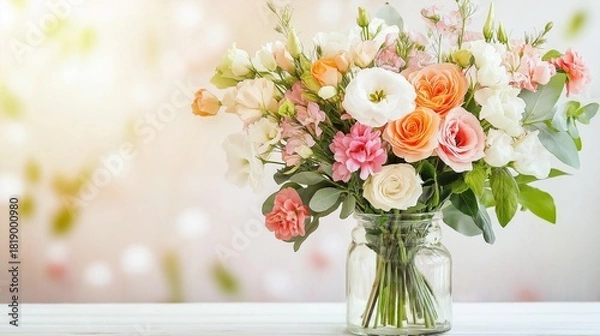 Fototapeta A delicate bouquet of fresh flowers in a glass vase on a white table, with soft natural light casting gentle shadows