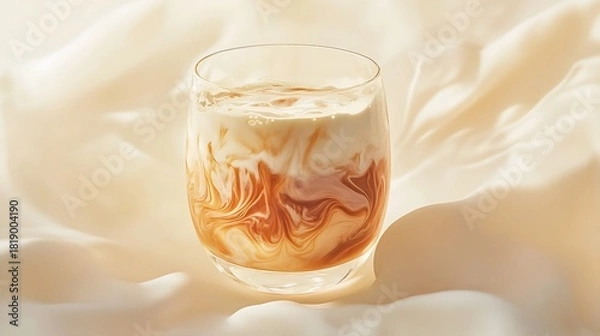 Obraz Iced Latte Swirl Aesthetic Drink in Glass with Creamy Caramel and Smooth Satin Backdrop