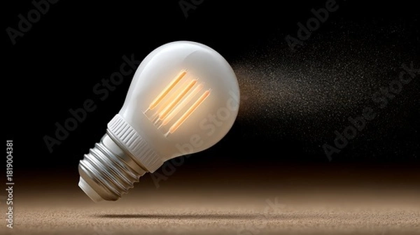 Fototapeta Illuminated LED Filament Bulb Leaning on Brown Surface with Dark Background and Sparkling Effect