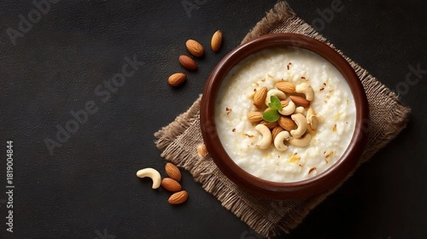 Obraz Kheer Dessert in Brown Bowl with Cashews and Almonds on Rustic Fabric