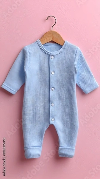 Fototapeta Light Blue Baby Onesie with Buttons Hanging on a Wooden Hanger, Pink Wall
