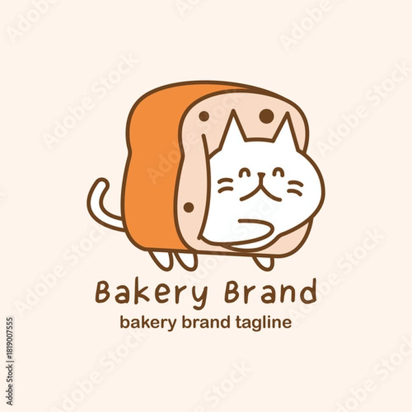 Fototapeta Charming bakery logo featuring cute cat mascot peeking from inside bread loaf. Playful illustration with warm tones for pastry branding and packaging design.