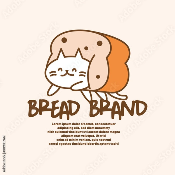 Obraz Charming bakery logo featuring cute cat mascot wrapped inside bread loaf. Whimsical illustration with pastel colors for cafe branding and packaging design.