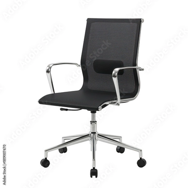 Obraz Modern black mesh office chair with chrome accents isolated on transparent background