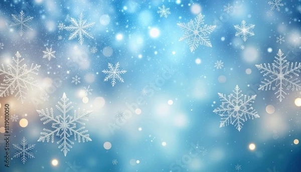 Fototapeta Winter wonderland scene snowflakes falling background with blue bokeh atmospheric visuals tranquil winter environment aesthetic perspective captivating snowy atmosphere