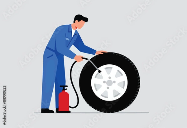 Obraz Mechanic in blue coveralls pumping air into a tire, a red pump nearby. Minimalist design on gray