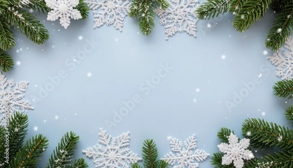 Fototapeta Winter wonderland scene with snowflakes and evergreen branches festive seasonal decoration soft blue background holiday spirit close-up view christmas concept