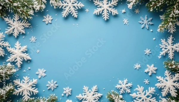 Obraz Winter wonderland snowflakes arrangement on blue background holiday-themed decor graphic elements festive environment aerial view seasonal concept for creative projects