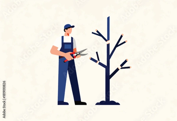 Fototapeta A person in work overalls and a hat prunes a bare tree with garden shears. Background is textured