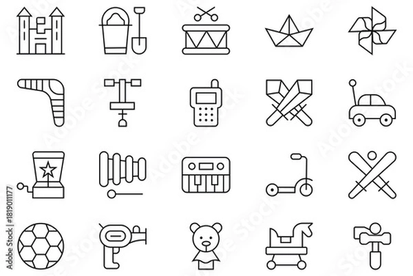 Obraz Collation of children's toys line icon set. Contain such as tricycle, water gun, doll, horse toy, drum, ball, robot,  teddy bear and more. children toys Icons bundle. Vector illustration.