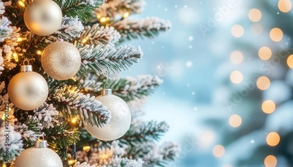 Fototapeta Christmas tree decorations with snowy background indoor holiday scene festive atmosphere warm lighting close-up view seasonal content