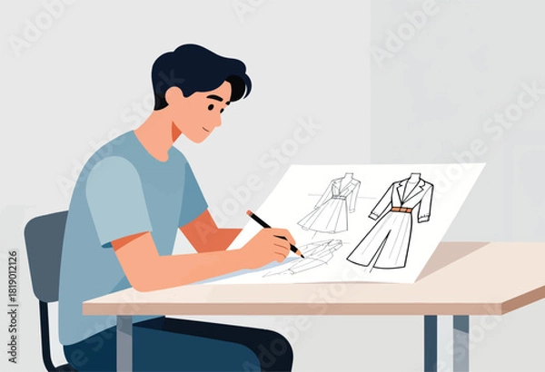 Obraz An illustrated designer sits at a table sketching fashion designs on paper, with pre-drawn outfits