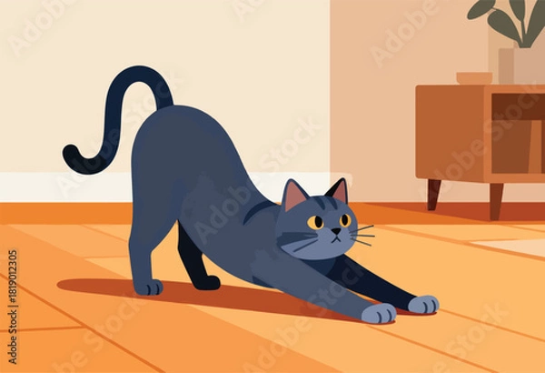 Fototapeta Cartoon illustration of a black cat stretching in a home setting with a wooden floor