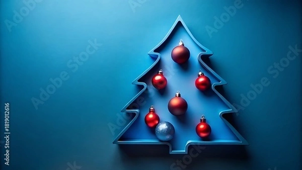 Fototapeta Minimalist christmas tree silhouette with red ornaments on blue background