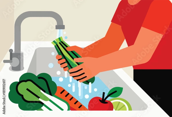 Obraz Illustration shows a person washing vegetables in a sink. Carrots, apple, lime, and greens are present