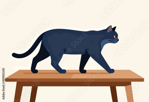 Obraz A stylized dark blue cat with yellow eyes, walking across a brown table with four legs