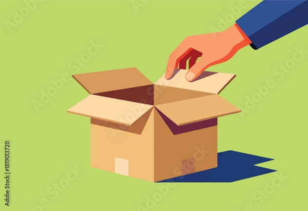 Fototapeta A hand opening a cardboard box. The box sits on a green surface with a dark shadow. Simplified illustration