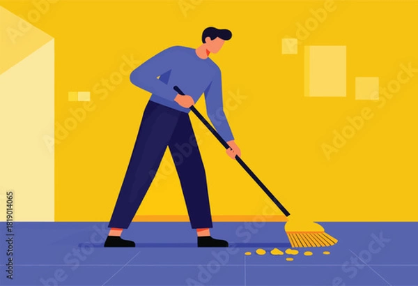 Obraz Illustration shows a man sweeping a floor with a broom. Yellow wall with light blue floor and a light corner