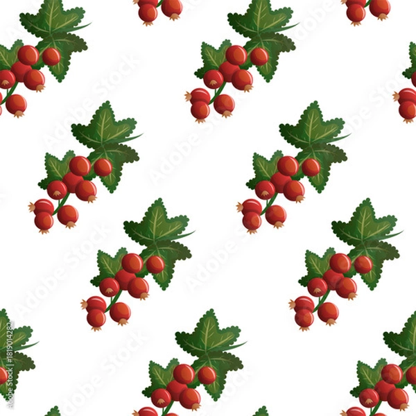Obraz Seamless currant berry pattern with red and black clusters. Repeating seamless pattern featuring red and black currant branches with green leaves, ideal for textiles, packaging and decorative designs.