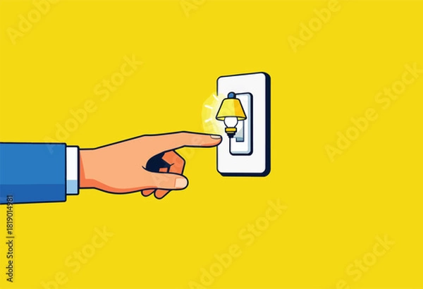 Obraz A hand pressing a bell-shaped doorbell on a yellow wall with light emanating. It signifies announcement or contact