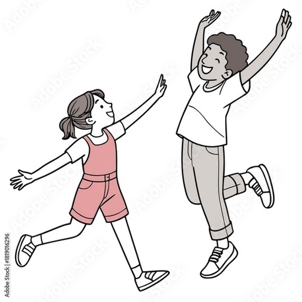 Fototapeta Happy jumping children holding hands. Continuous line drawing. Vector illustration on white background