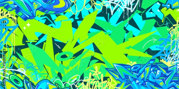 Fototapeta Colorful Green And Blue Abstract Urban Style Hiphop Graffiti Street Art Vector Illustration Background Template