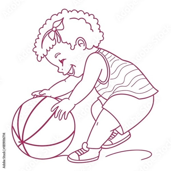 Fototapeta One-line continuous art drawing of a baby girl playing with a ball