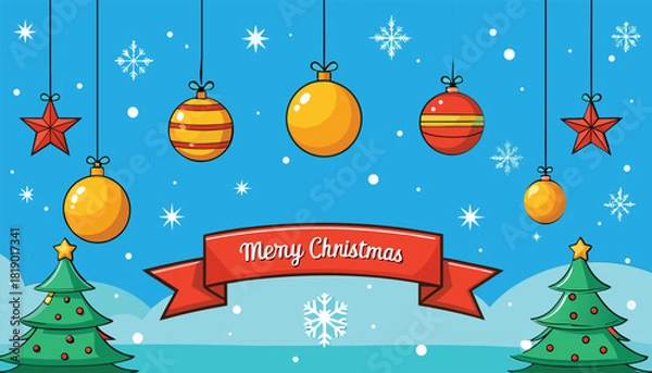 Fototapeta Merry Christmas and New Year greeting card background with winter snow, gold ornaments, decoration balls, and a festive illustration of a star and tree design