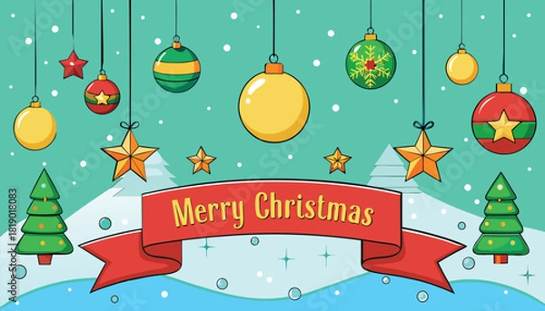 Fototapeta Vector illustration of a Christmas holiday greeting card with a decorated tree, snowflakes, and festive winter season design