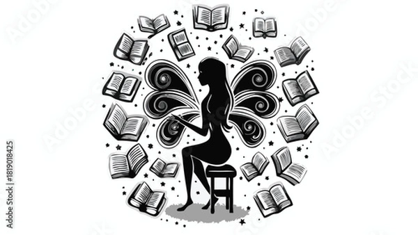 Obraz Dynamic composition featuring the silhouette of a young woman rendered in a vibrant cmyk color model with diverse color options and classic typography