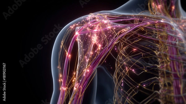 Obraz glowing neural network in human shoulder anatomy visualization
