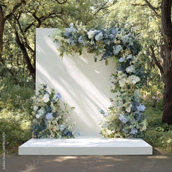 Fototapeta Floral arch on square backdrop platform in forest