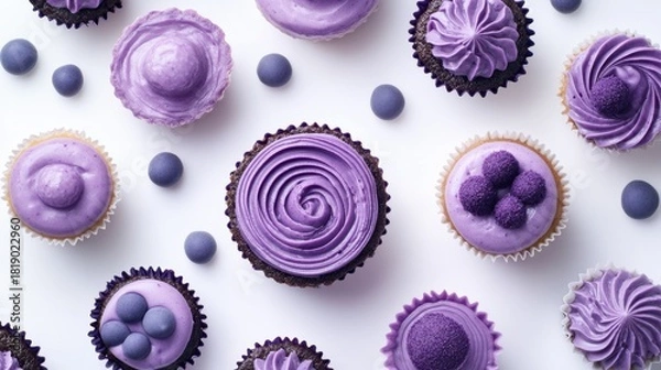 Fototapeta Assorted purple cupcakes with decorative frosting on white background