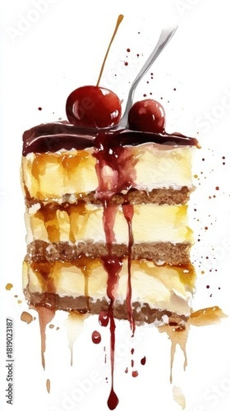 Obraz Cherry drizzle on layered cake slice with dark chocolate and creamy layers. National Boston Cream Pie Day