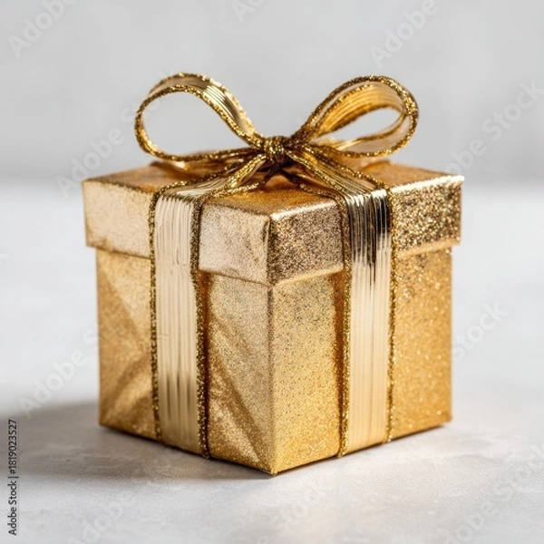 Fototapeta Golden gift box with glitter and ribbon on soft background