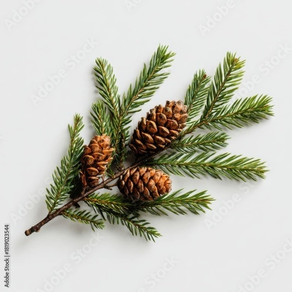 Fototapeta Evergreen branch with pine cones on white background