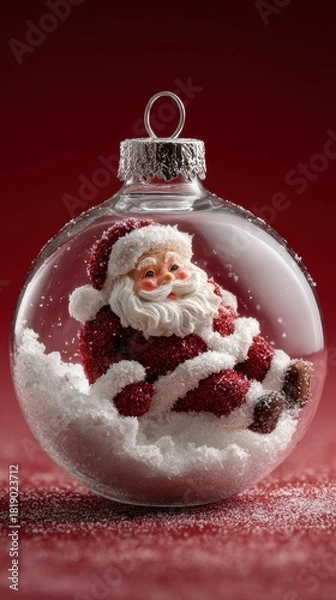 Obraz Santa figurine in glass ornament with snow on red background
