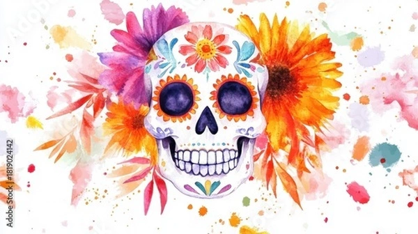 Obraz Colorful day of the dead skull with flowers and vibrant watercolor splashes. Day of the Dead (Dia de los Muertos)