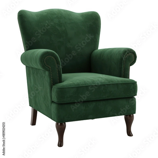 Obraz Elegant green velvet wingback armchair isolated on transparent background