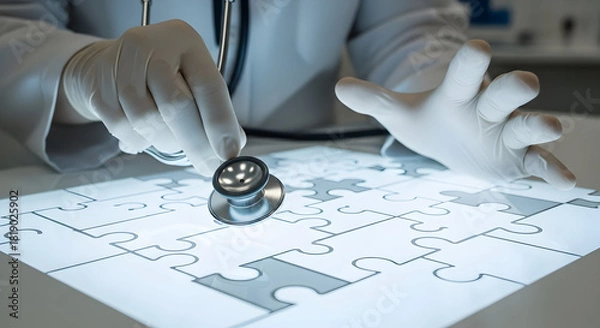Fototapeta Medical Diagnosis Concept Doctors Stethoscope on Puzzle Representing Health Solutions
