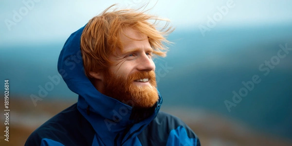 Obraz Smiling man with red hair and beard in a blue outdoor jacket standing in windy weather with a blurred mountainous landscape in the background