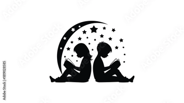 Fototapeta Flat vector illustration of two children silhouettes in various poses suitable for educational playful or family themed designs presented in a clean modern style