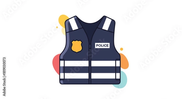 Fototapeta A colorful cartoon illustration depicting a dark blue police uniform vest with reflective stripes, a yellow shield badge, and \.