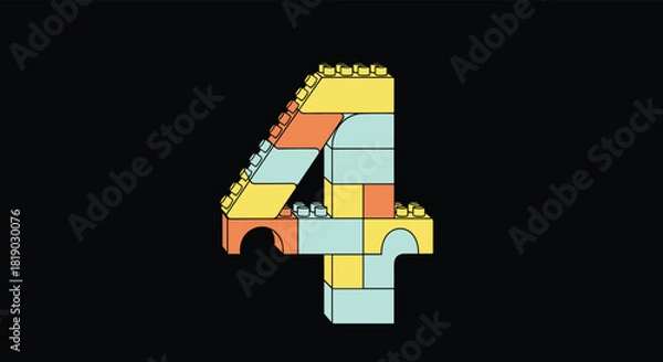 Fototapeta The number four, creatively constructed using various colorful toy building blocks, stands out against a stark black background.
