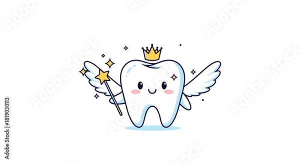 Fototapeta Adorable tooth fairy character wearing a golden crown and wings, holding a sparkling magic wand, radiating joy and magic.