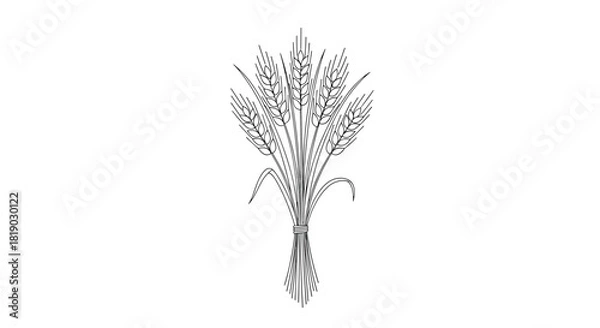 Fototapeta A classic black and white line art illustration depicting a neatly tied bundle of golden wheat stalks, symbolizing harvest, agriculture, and natural sustenance.