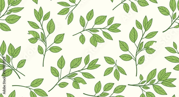 Fototapeta Seamless pattern with hand-drawn green leaves on delicate branches against a light background, evoking a fresh and natural botanical theme.
