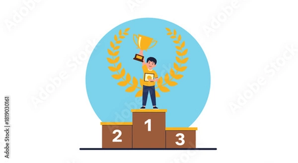 Fototapeta A cartoon character stands proudly on a winner's podium, holding a golden trophy and a certificate of achievement, celebrating victory.