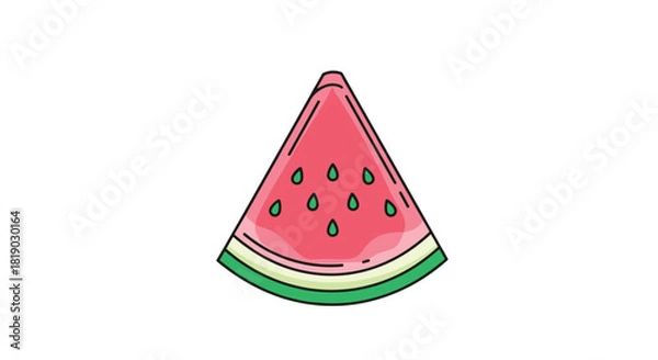 Fototapeta A vibrant cartoon illustration of a fresh, triangular watermelon slice with green rind and visible seeds, isolated on a white background.